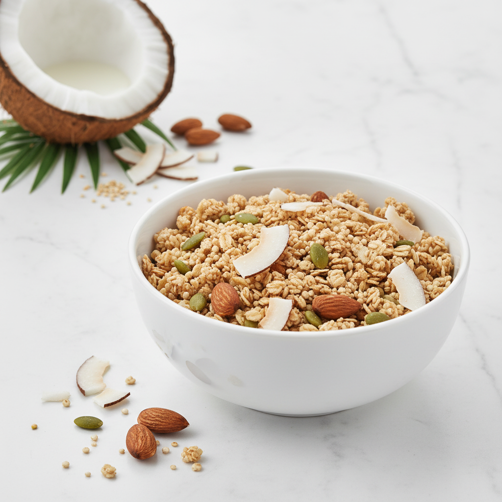 Plain white bowl of Coconut Bliss Gluten Free granola with fresh coconut and almonds