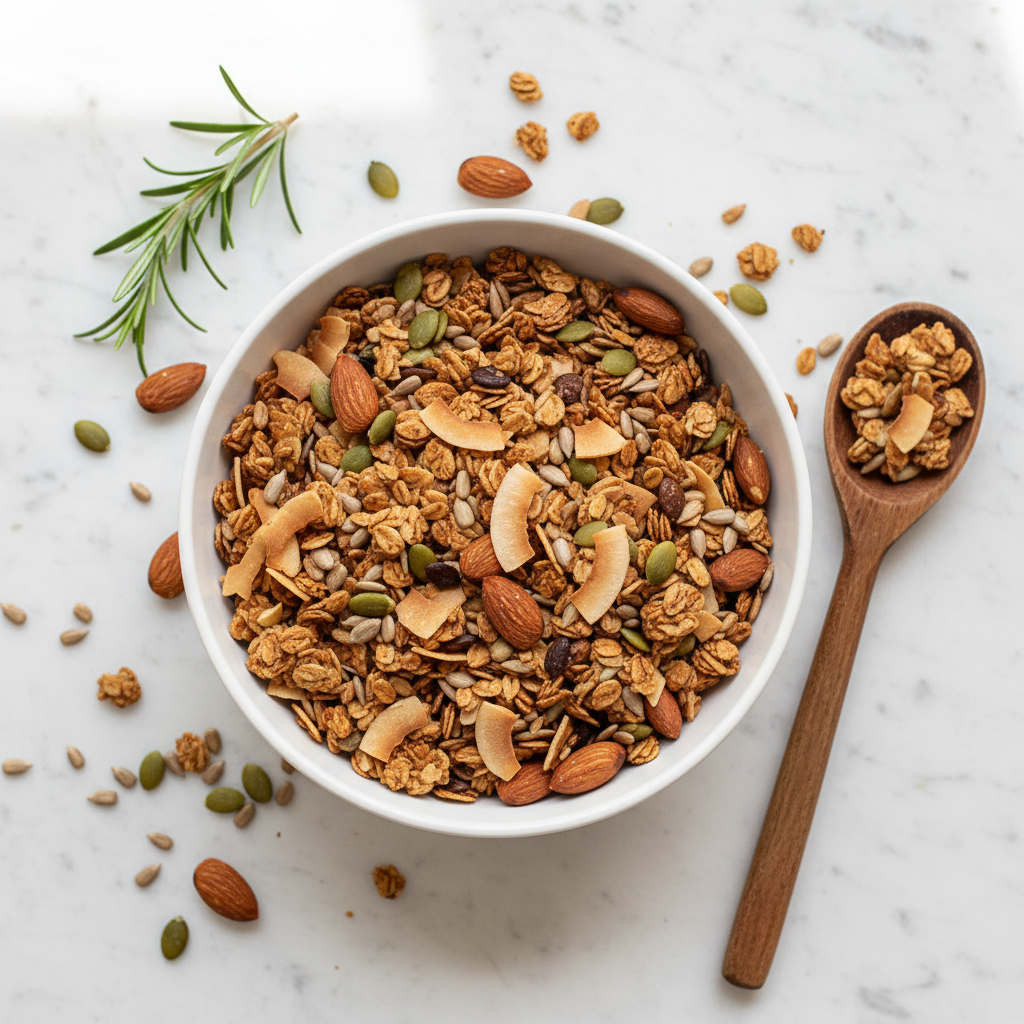 Plain white bowl of Keto Essential granola with almonds, pumpkin seeds and sunflower seeds on white marble