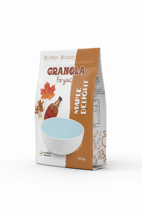 Maple Delight granola stand-up bag on white background