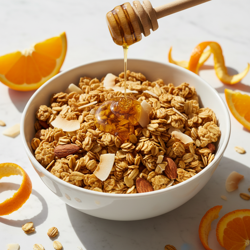 Plain white bowl of Golden Original granola with honey drizzle and fresh orange slices