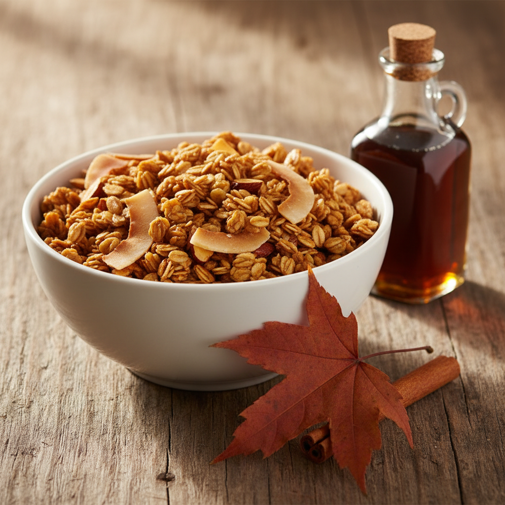 Plain white bowl of Maple Delight granola with maple leaf, cinnamon and small maple syrup bottle